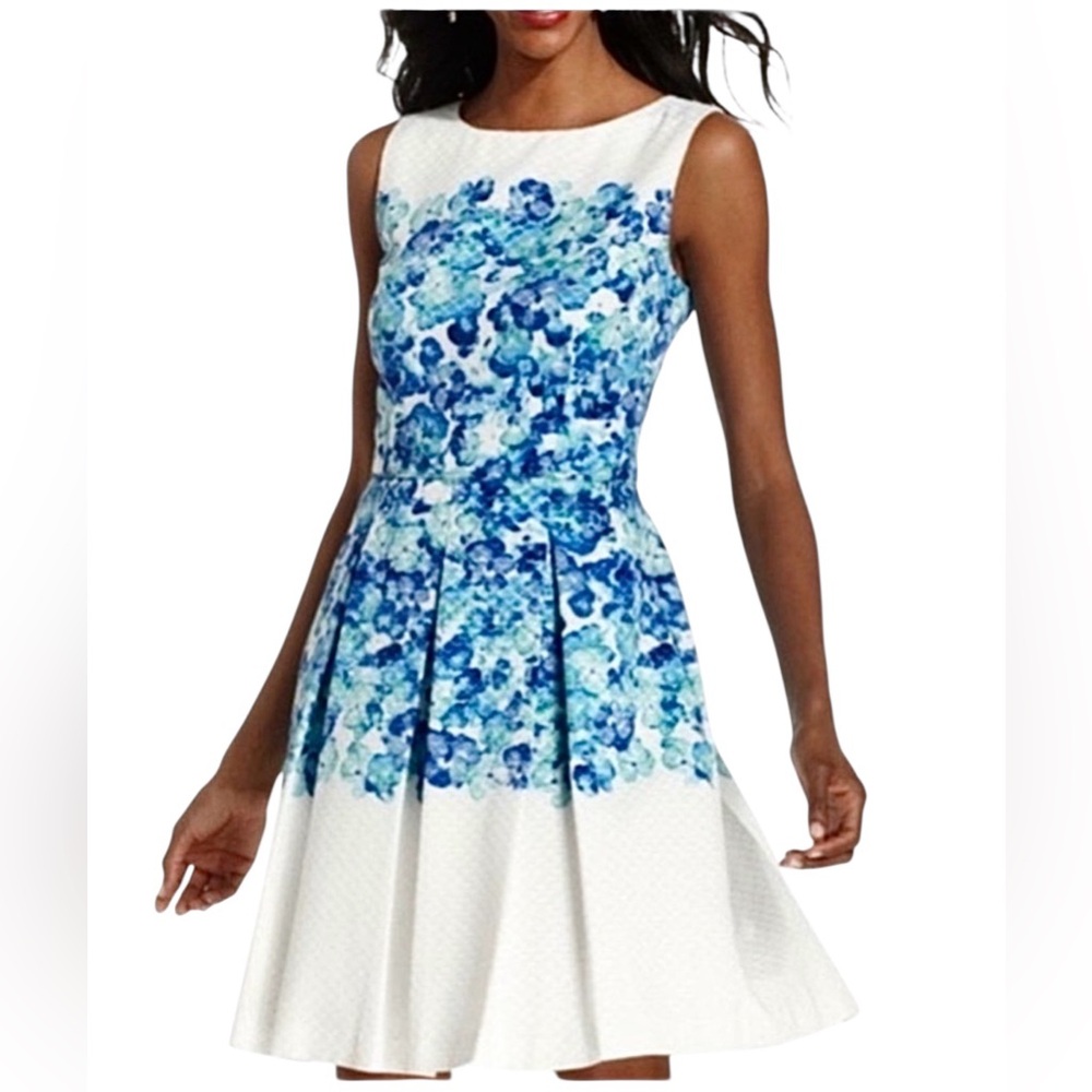 Tahari ASL Levine Blue/Green/White Watercolor Floral Pleated Flare Dress Size 6